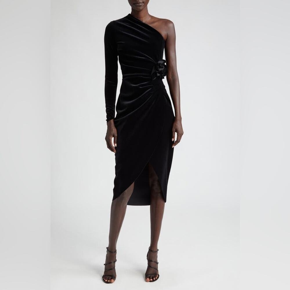 Chiara Boni Black Velvet Agapios Floral One-Shoulder Long Sleeve Sheath Dress 14